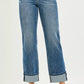 RISEN Full Size 4 Way Stretch Slouchy Straight Jeans with Cuffed Hem Plus Size - DAVERRI FASHIONS