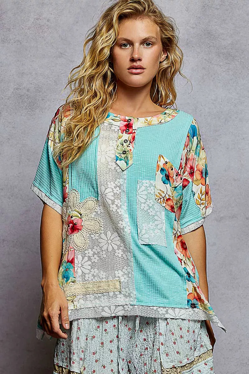 POL Lace Round Neck Short Sleeve Floral Pattern Top with Patch Detail | Tops Daverri Fashions