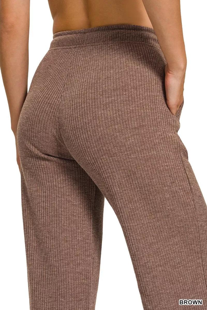 Ribbed Drawstring Lounge Pants Brown - DAVERRI FASHIONS