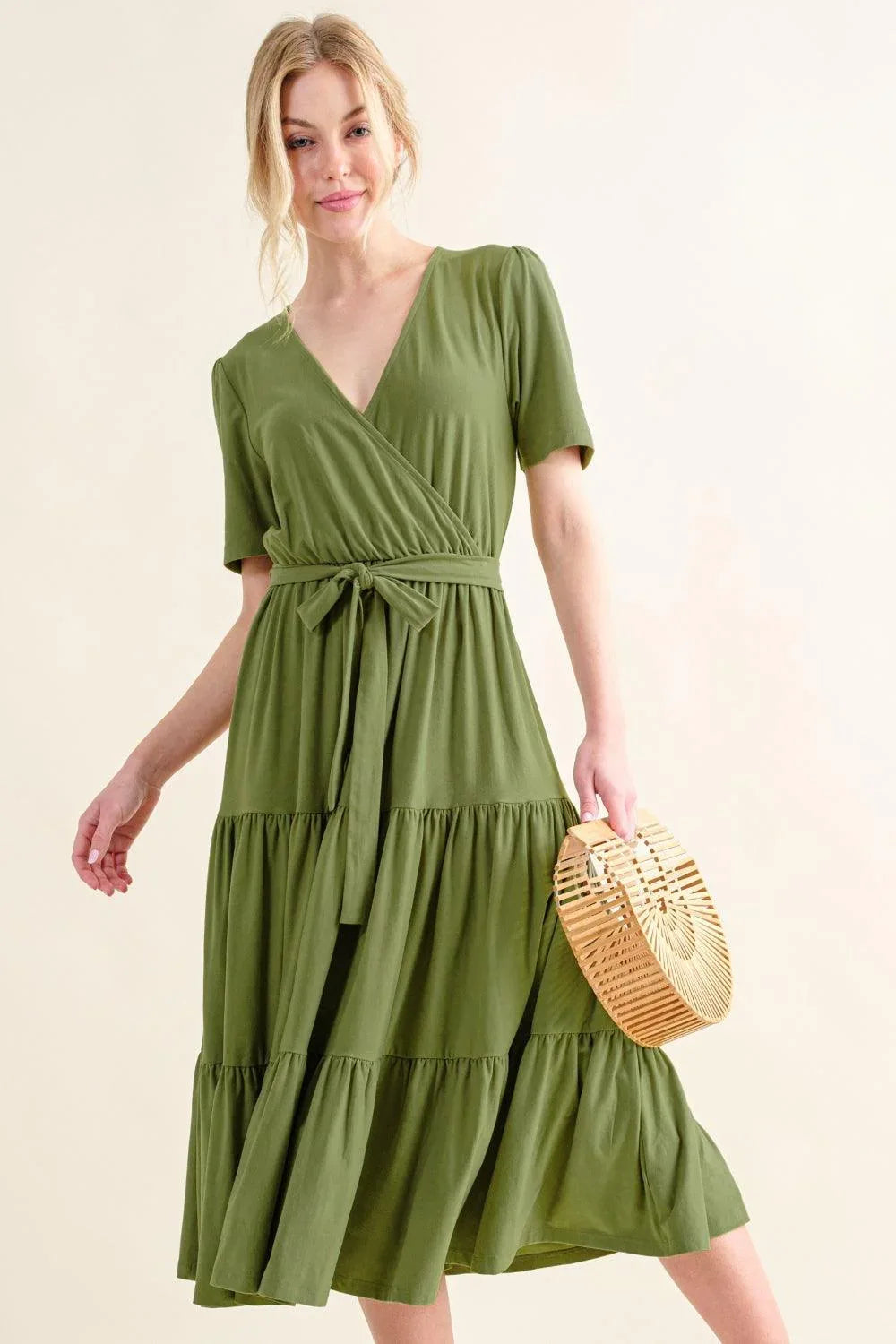 And The Why Soft Short Sleeve Tiered Midi Dress - DAVERRI FASHIONS