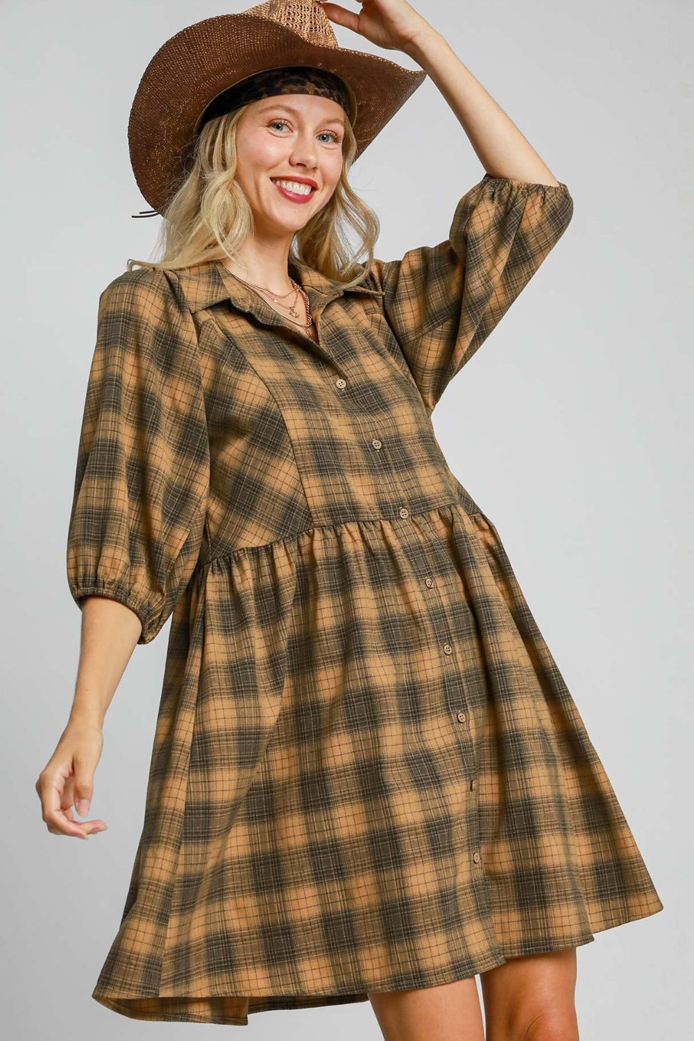 Umgee Full Size Plaid Button Front Collared Neck Mini Shirt Dress Plus Size Mustard