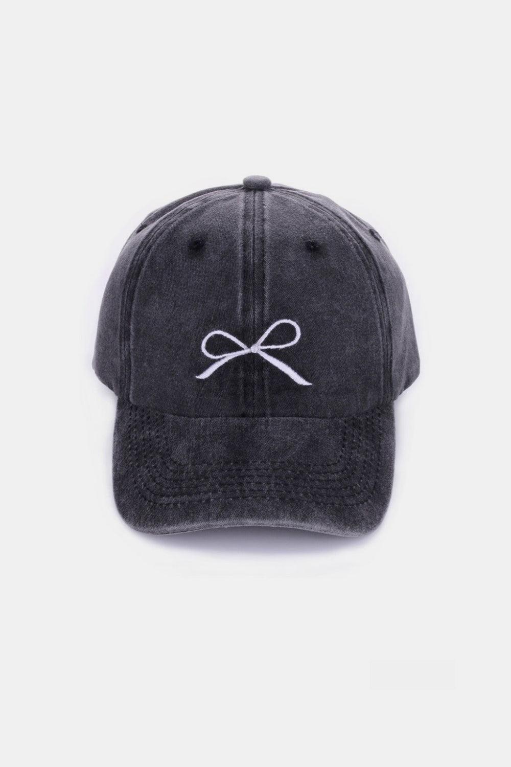 Zenana Bow Embroidered Washed Cotton Caps Black One Size Hats