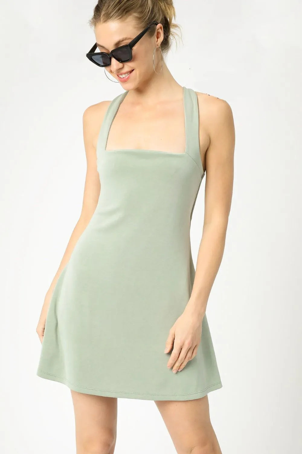 Umgee Crisscross Square Neck Active Dress Sage Mini Dresses