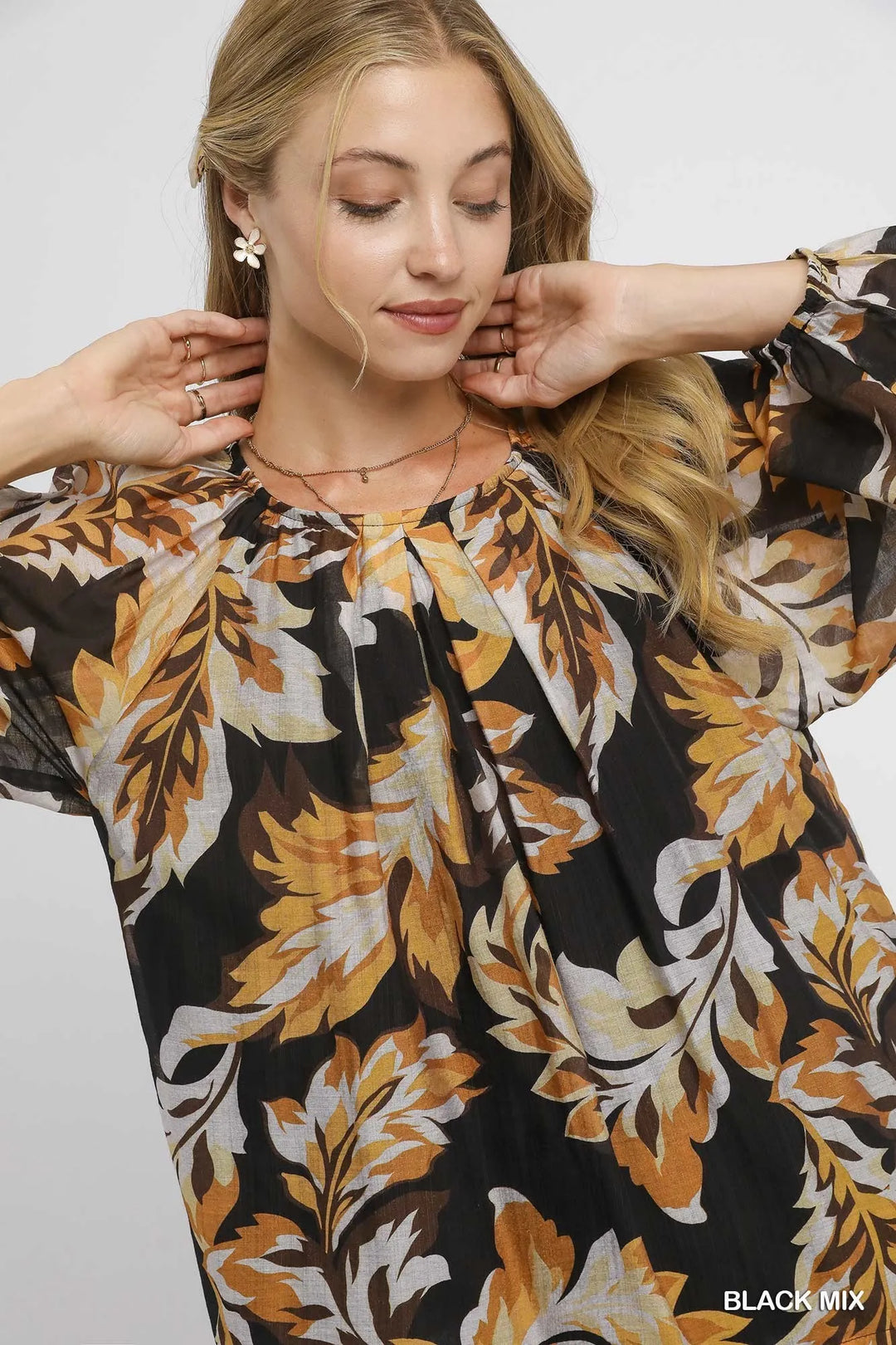 Umgee Autumn Leaf Print Balloon Sleeve Blouse Blouses