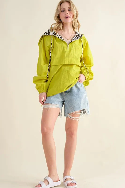Leopard Print Hoodie Zipper Up Pocket Windbreaker LIME Outerwear