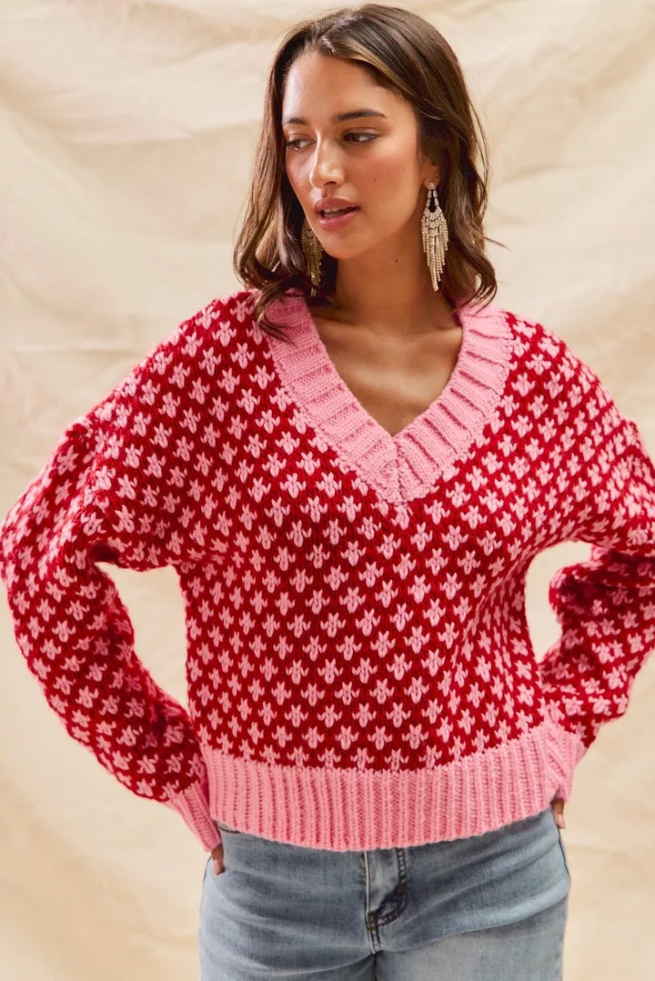 SO ME Color Block Textured Christmas Sweater V Neck Top | Sweaters Daverri Fashions