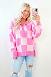 Pink 50%Viscose+28%Polyester+22%Polyamide Pink Checkerboard Half Button Collared Drop Shoulder Sweater | Sweaters & Cardigans/Sweaters Daverri Fashions