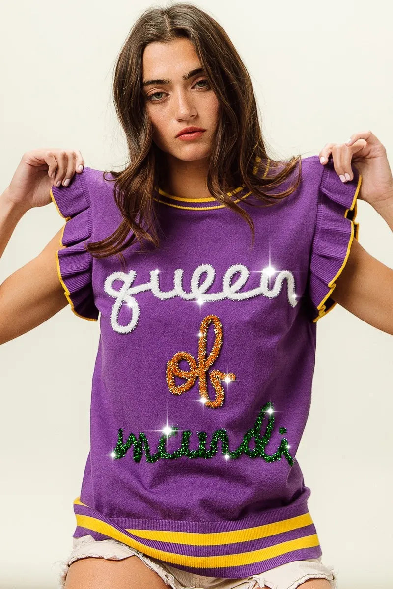 BiBi Queen Of Mardi Ruffled Armhole Sleeveless Knit Top | Knit Tops Daverri Fashions