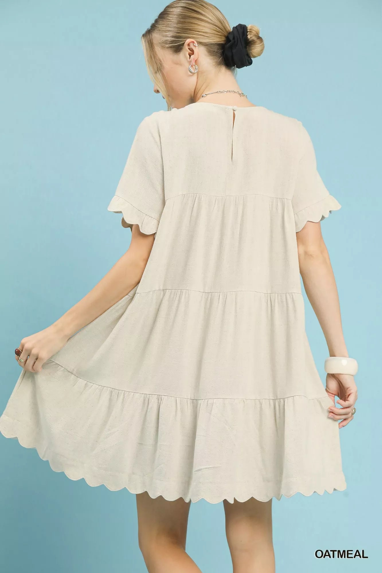 Umgee oatmeal linen tiered babydoll dress with ruffle sleeves and scalloped hem