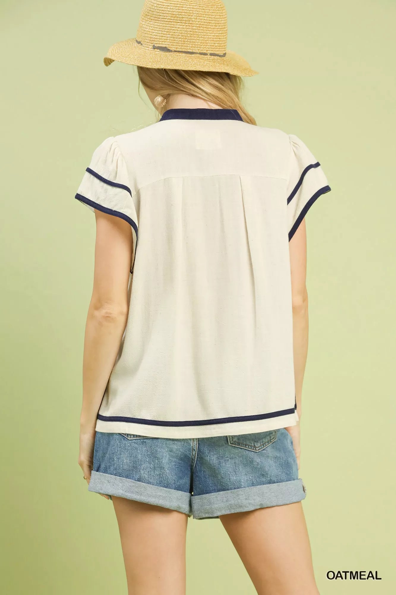 Umgee Linen Ruffle Sleeve Top in oatmeal with navy trim