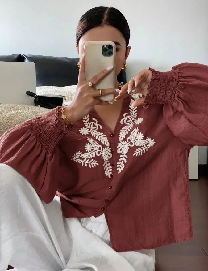 Daverri Fashions Embroidered Notched Long Sleeve Blouse - DAVERRI FASHIONS