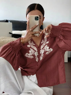 Daverri Fashions Embroidered Notched Long Sleeve Blouse - DAVERRI FASHIONS