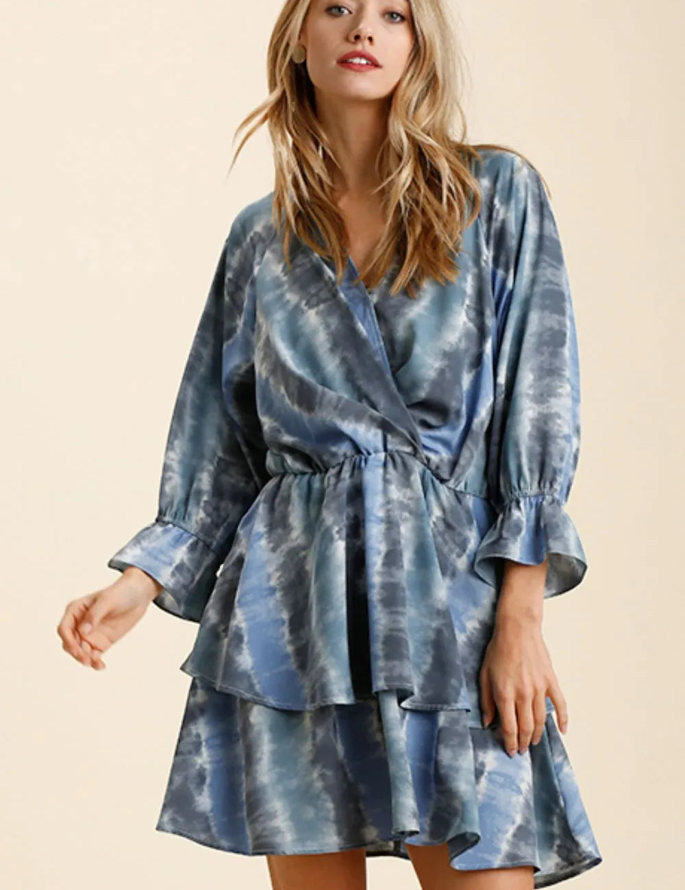 BLUE GREY Umgee Tie Dye Ruffled Layered Dress with Elastic Waistband | Mini Dresses Daverri Fashions