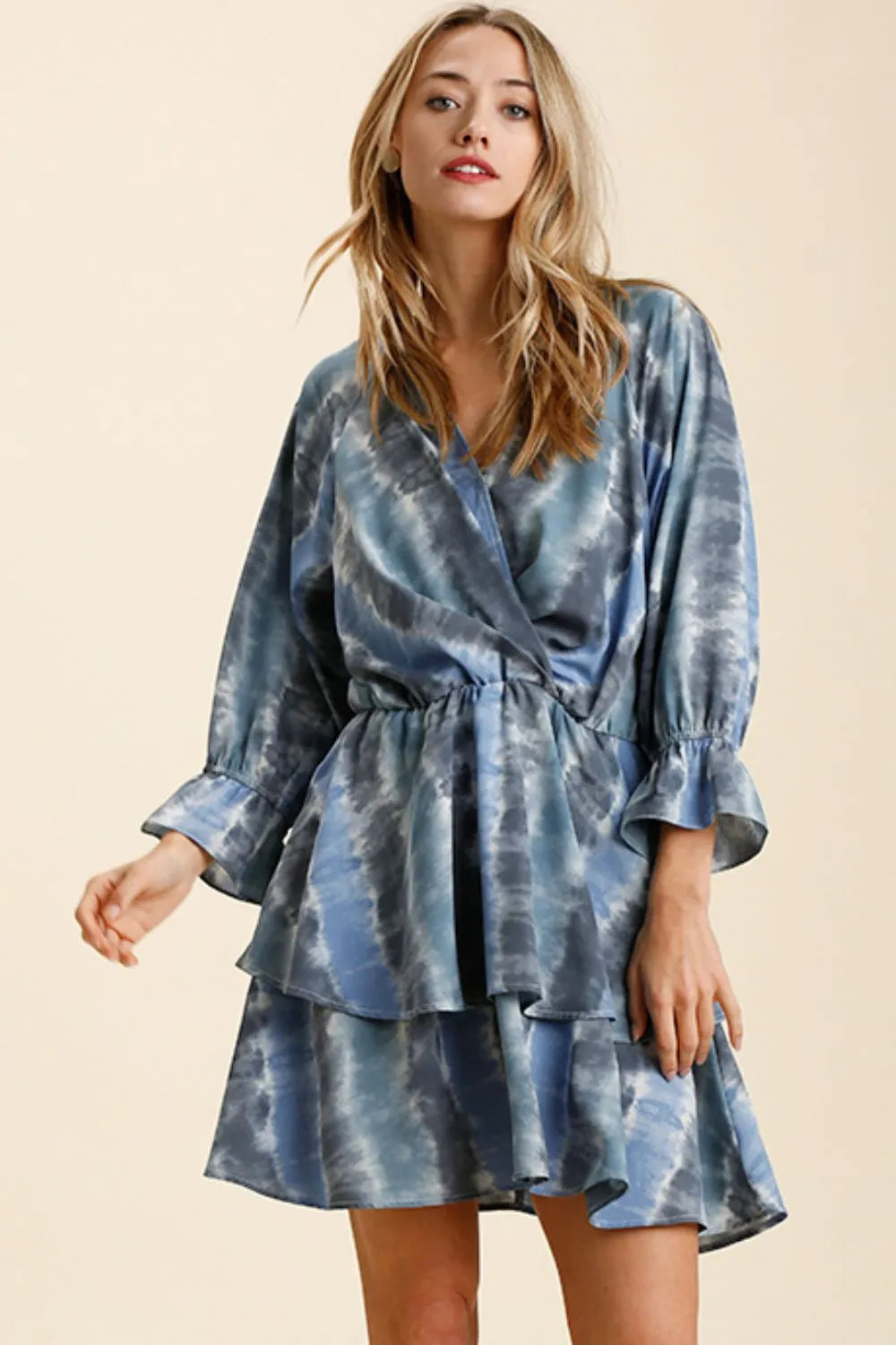 Umgee Tie Dye Ruffled Layered Dress with Elastic Waistband BLUE GREY Mini Dresses