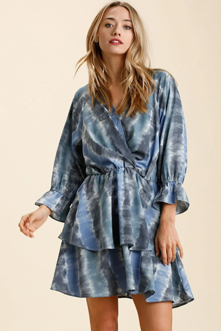 Umgee Tie Dye Ruffled Layered Dress with Elastic Waistband BLUE GREY Mini Dresses