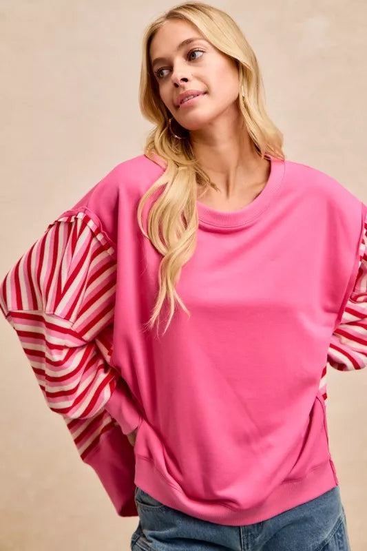 Pink BiBi French terry sweatshirt with striped ruffled sleeves