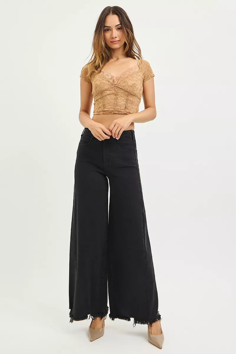 Black RISEN tummy control high-rise palazzo jeans with frayed hem