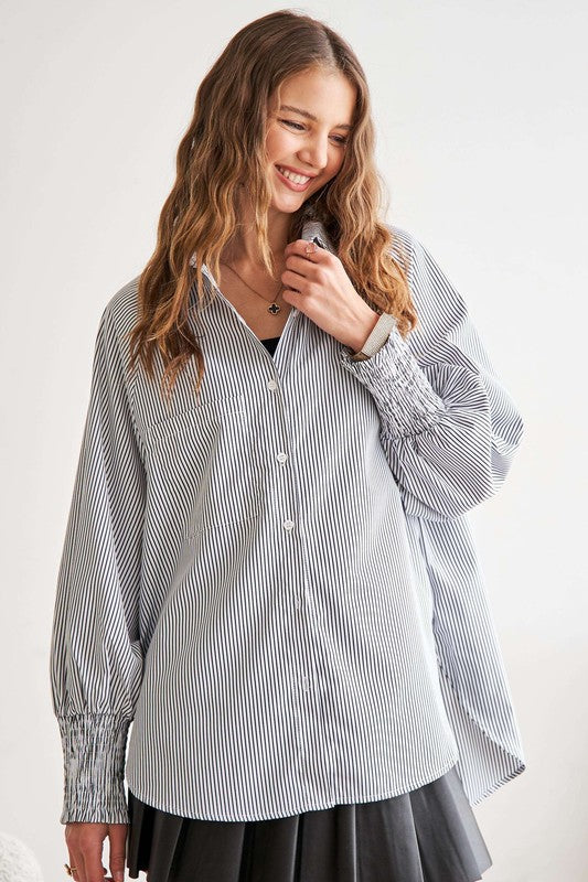 ADORA High-Low Striped Button Down Smocked Lantern Sleeve Shirt Gray Tops