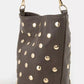 Fame studded leather bucket bag with dark brown leather and gold studs