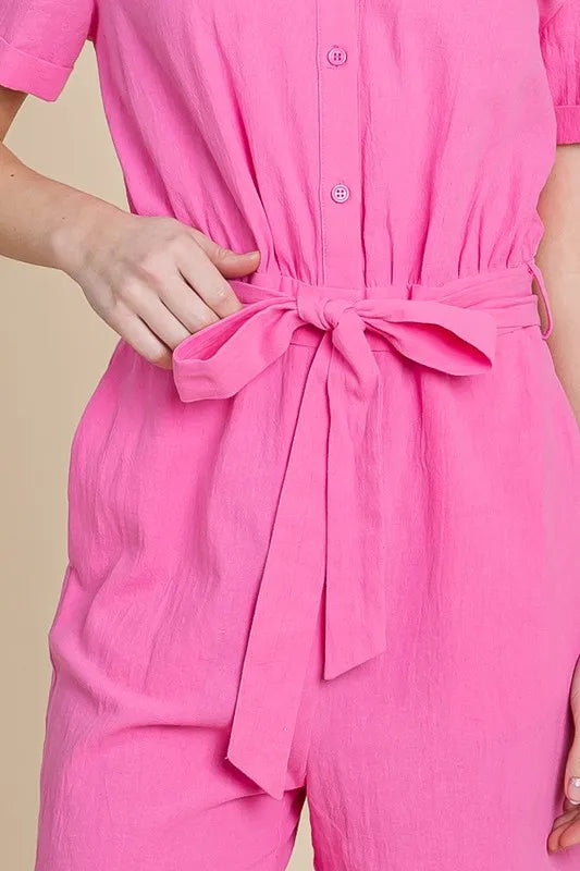Lime 'N' Chili Collared Button Down Romper with Tie Belt Rompers