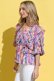 And The Why Printed Lantern Sleeve Blouse | Daverri Fashions