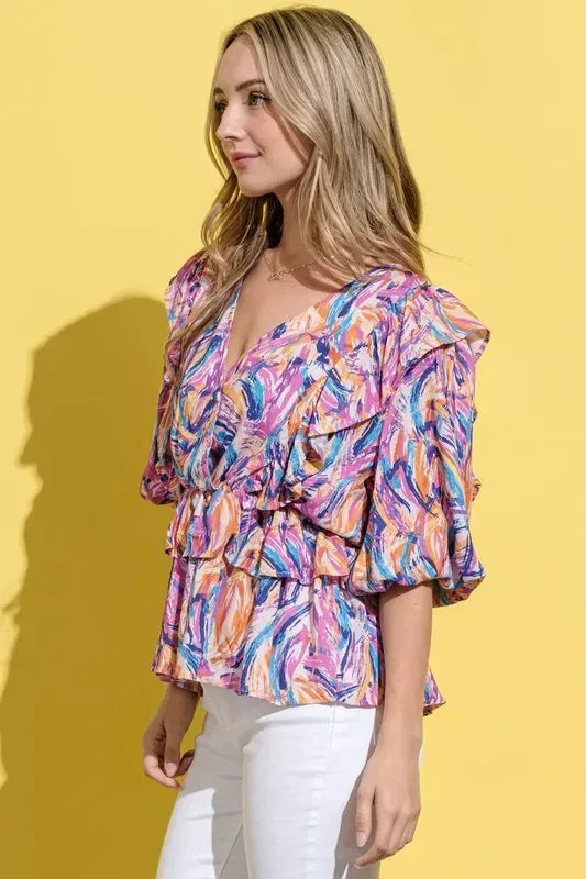 And The Why Printed Lantern Sleeve Blouse - DAVERRI FASHIONS