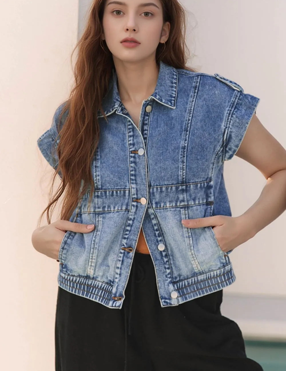 Medium Button Up Cap Sleeve Denim Jacket | Denim Jacket Daverri Fashions