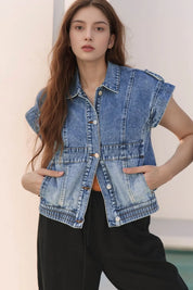 Medium Button Up Cap Sleeve Denim Jacket | Denim Jacket Daverri Fashions
