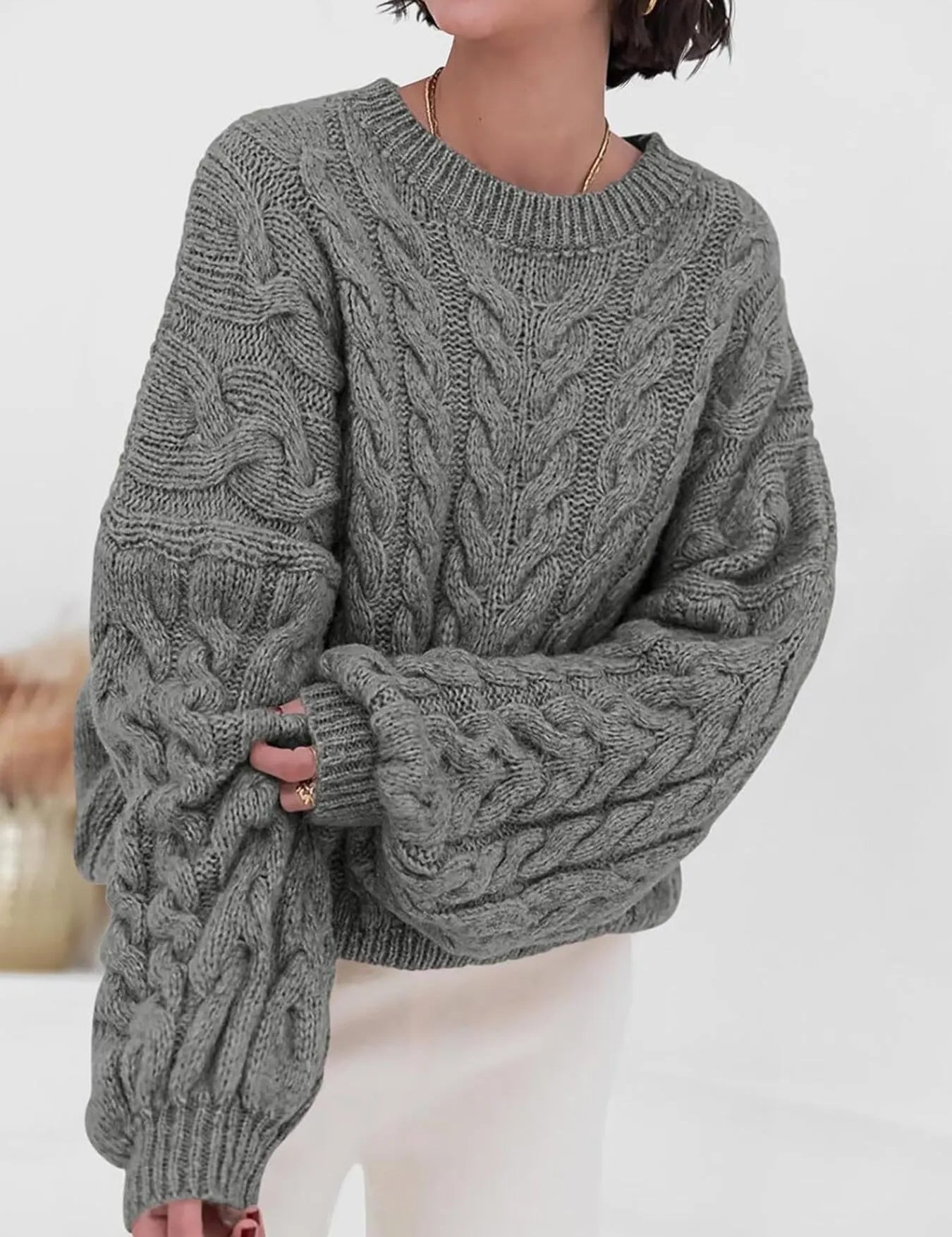 Gray Cable Knit Long Sleeve Sweater | Sweaters Daverri Fashions