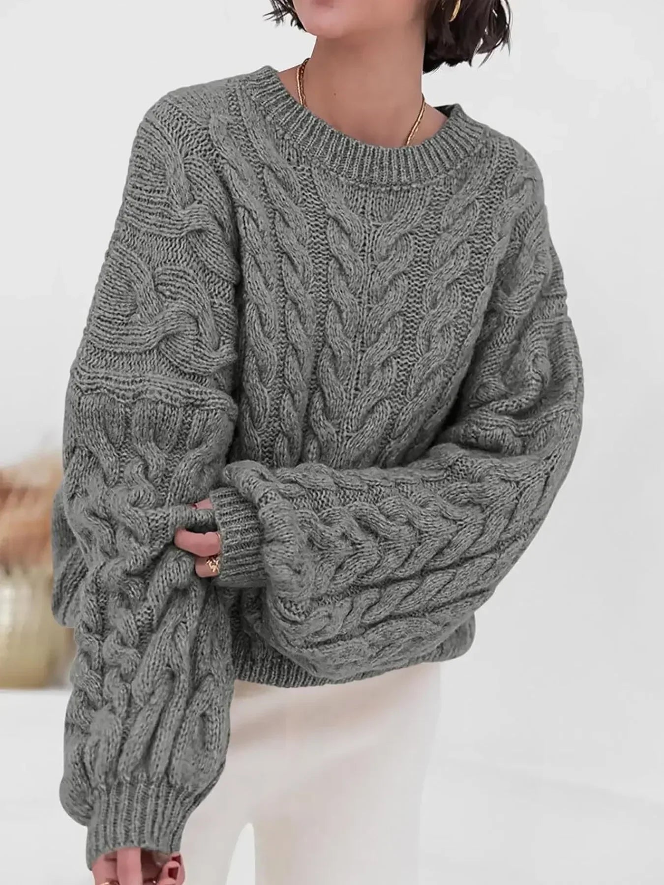 Cable Knit Long Sleeve Sweater - DAVERRI FASHIONS