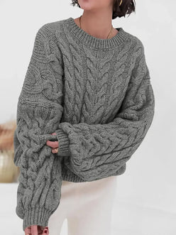 Cable Knit Long Sleeve Sweater - DAVERRI FASHIONS