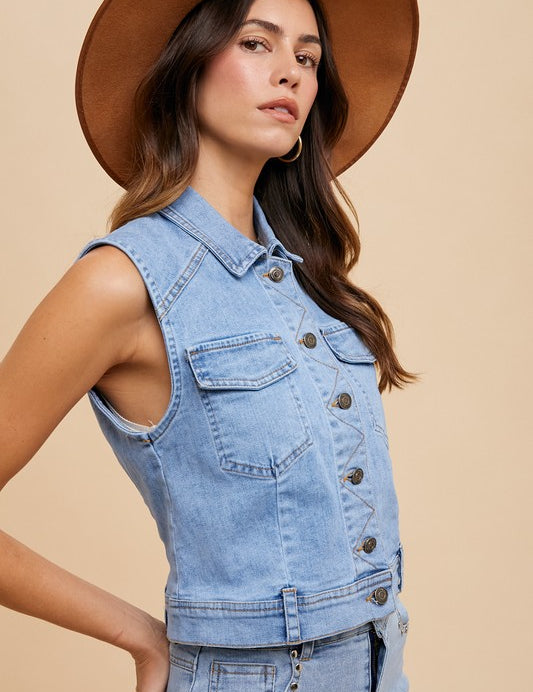 Annie Wear Collared Neck Button Down Denim Vest Tops