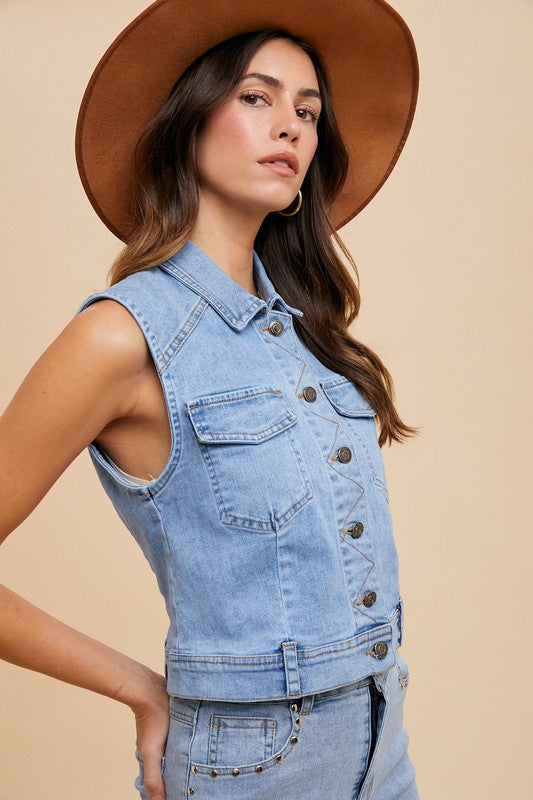 Annie Wear Collared Neck Button Down Denim Vest Tops