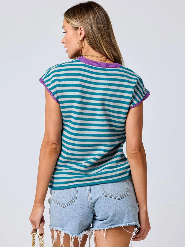 Contrast Round Neck Cap Sleeve Sweater | Sweaters Daverri Fashions