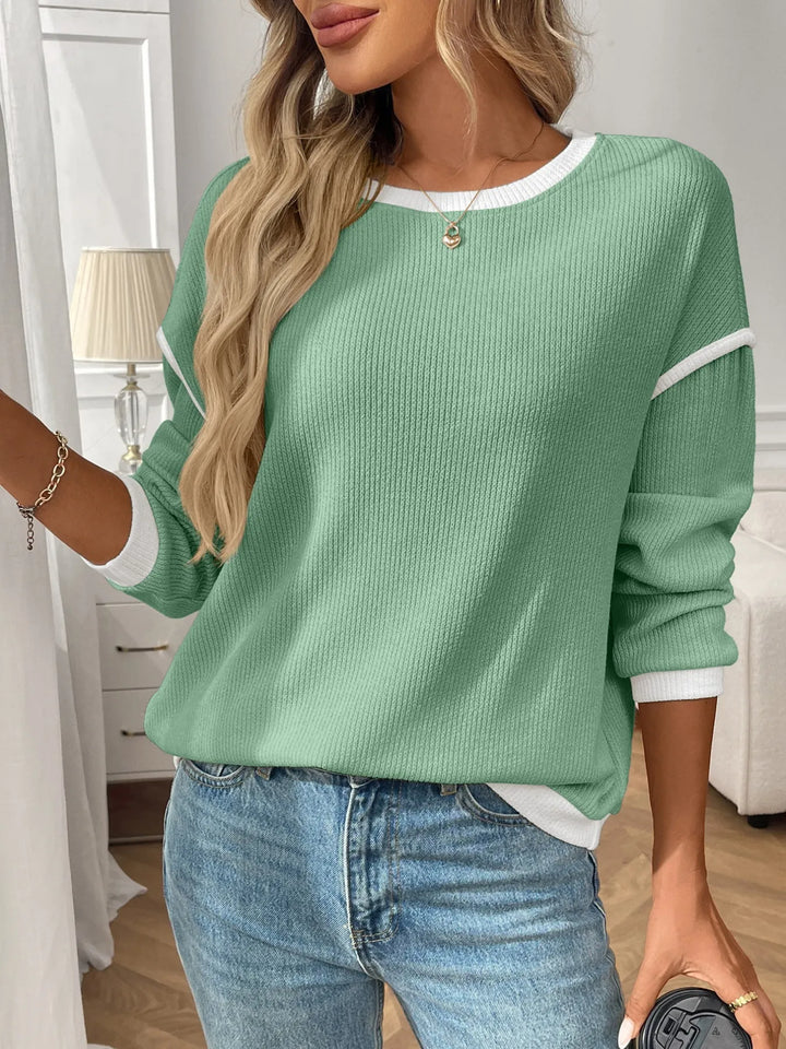 Ribbed Contrast Trim Long Sleeve Top | Knit Tops Daverri Fashions