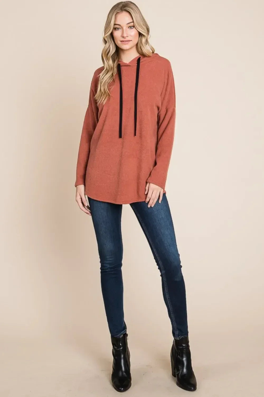 BOMBOM Contrast Drawstring Drop Shoulder Knit Hoodie - DAVERRI FASHIONS