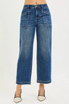 RISEN Slouchy Cropped Baggy Jeans in blue denim with frayed hem