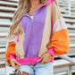 Color block zip-up hoodie with purple front, beige orange sleeves, pink trim