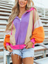 Color block zip-up hoodie with purple front, beige orange sleeves, pink trim