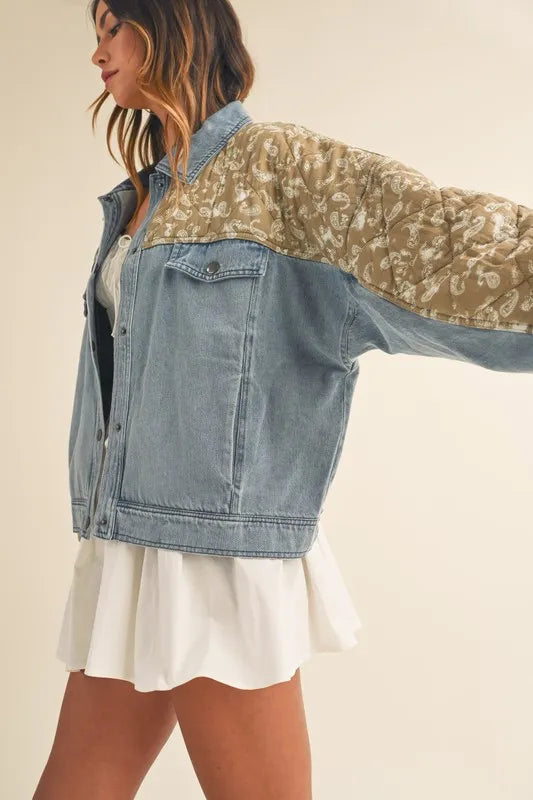 MABLE Quilted Paisley Print Contrast Denim Jacket