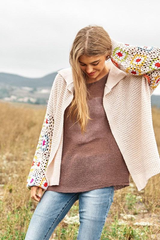 Crochet Floral Printed Long Sleeve Knit Cardigan Cardigans