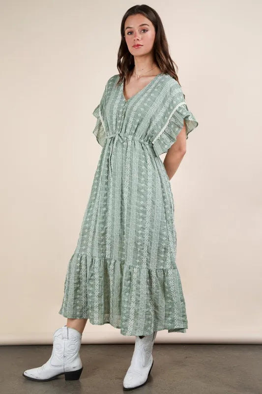 VERY J embroidered boho mint green ruffled midi dress with lace