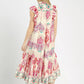 Umgee Boho Border Print Ruffle Midi Dress in pink cream floral