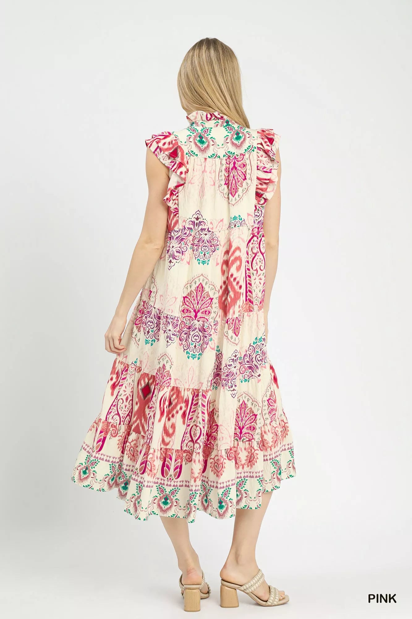 Umgee Boho Border Print Ruffle Midi Dress in pink cream floral