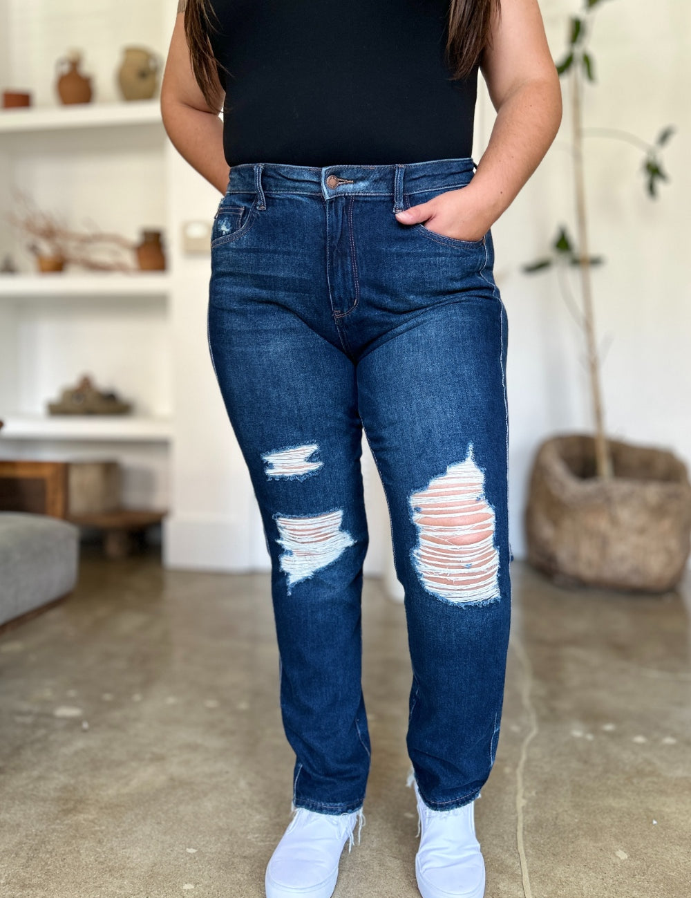 Judy Blue Full Size High Waist Rigid Magic Heavy Destroy Straight Jeans | Daverri Fashions