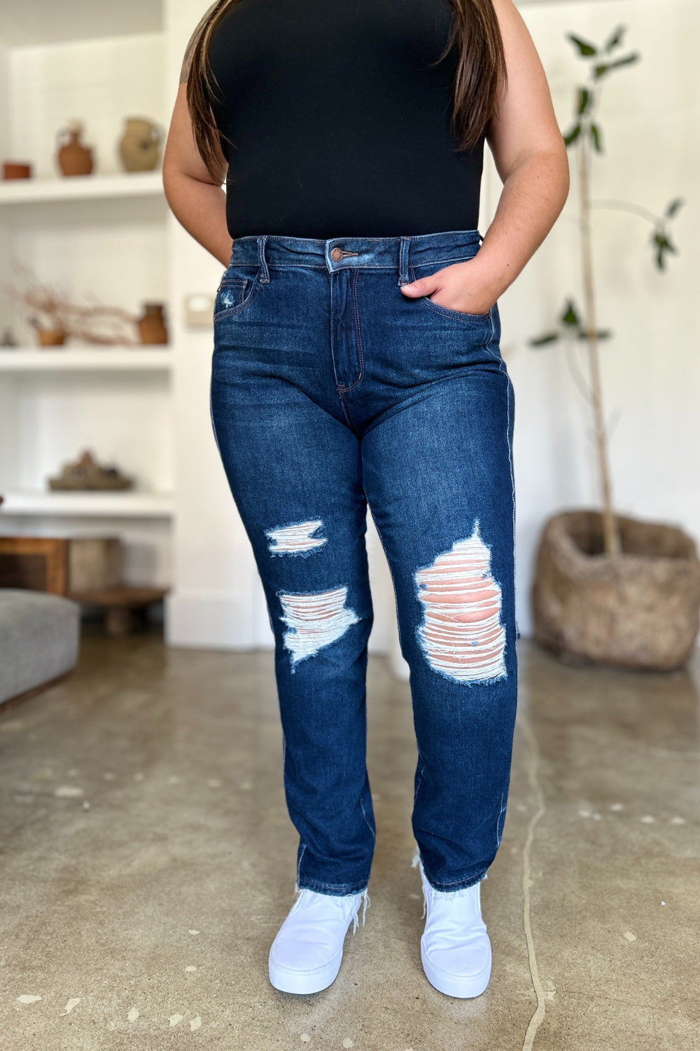 Judy Blue Full Size High Waist Rigid Magic Heavy Destroy Straight Jeans | Daverri Fashions