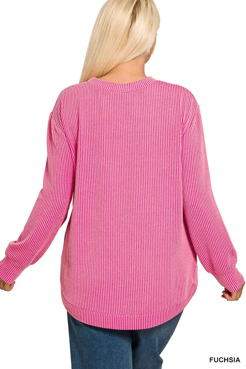 Zenana Full Size Raised Rib Round Neck Long Sleeve Top Plus Size - DAVERRI FASHIONS