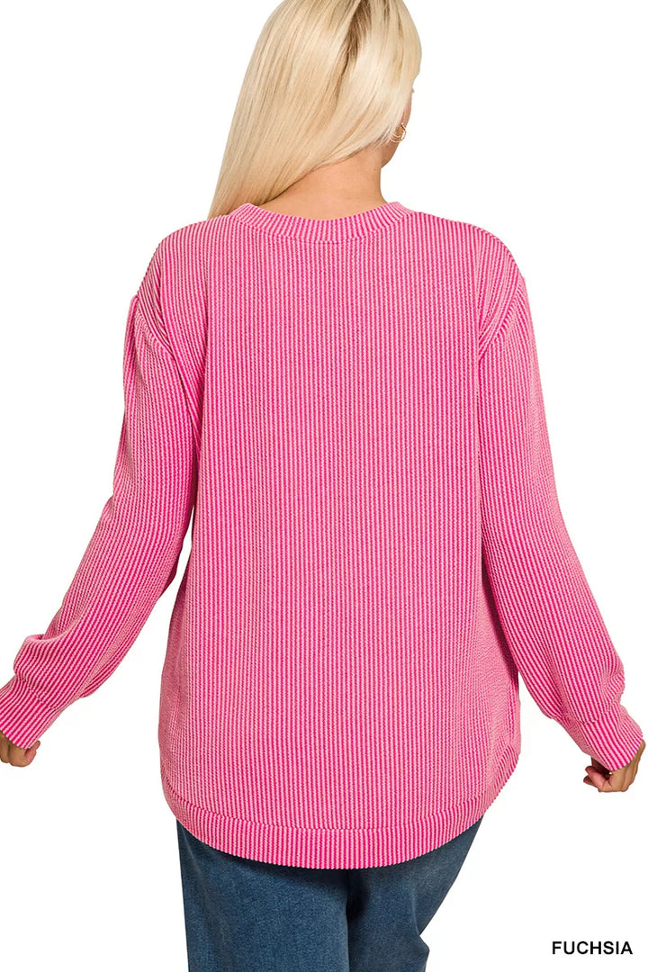 Zenana Full Size Raised Rib Round Neck Long Sleeve Top Plus Size | Daverri Fashions