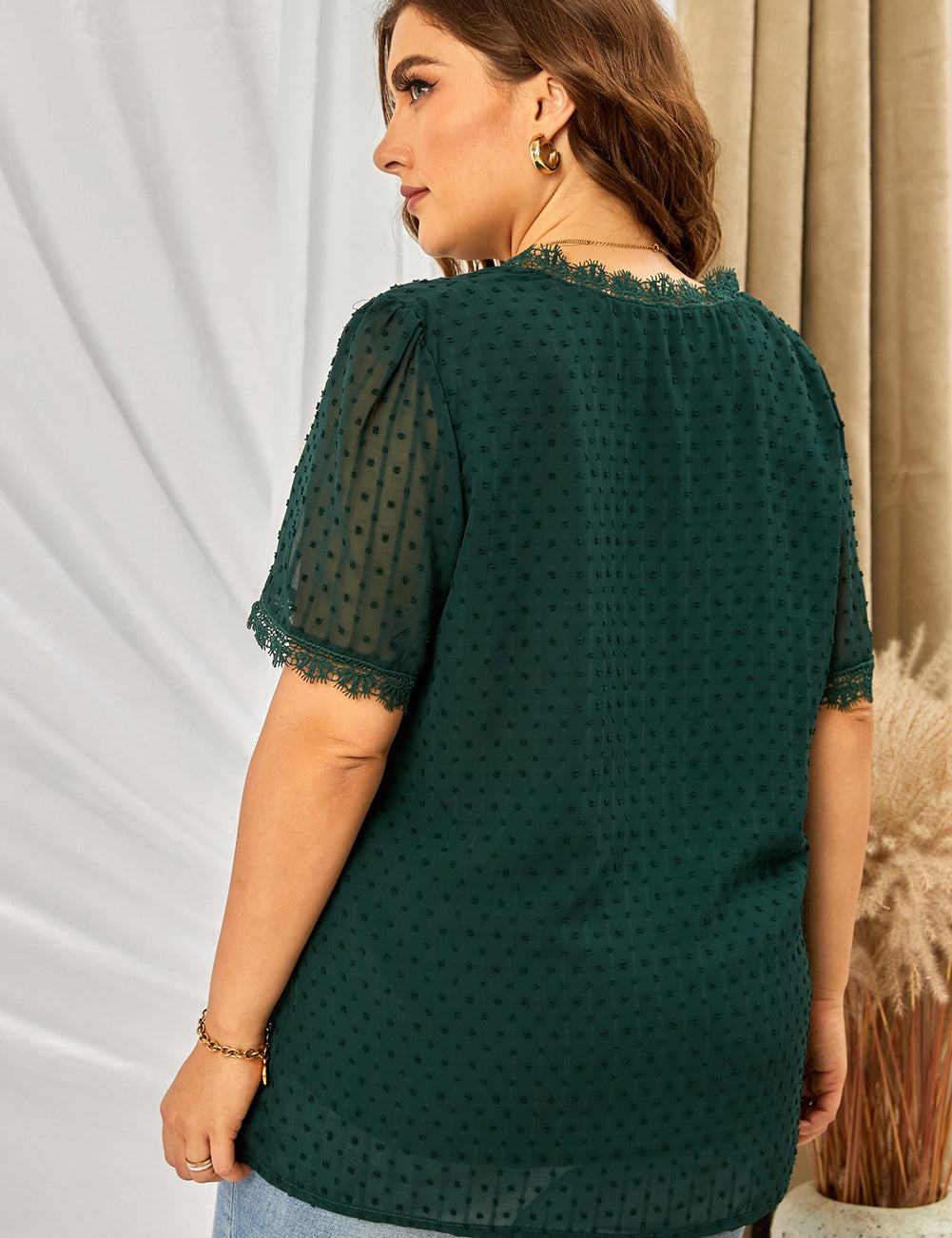 Plus Size Swiss Dot Spliced Lace V-Neck Blouse | Blouses Daverri Fashions
