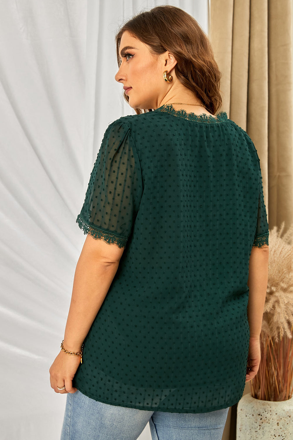 Plus Size Swiss Dot Spliced Lace V-Neck Blouse | Blouses Daverri Fashions